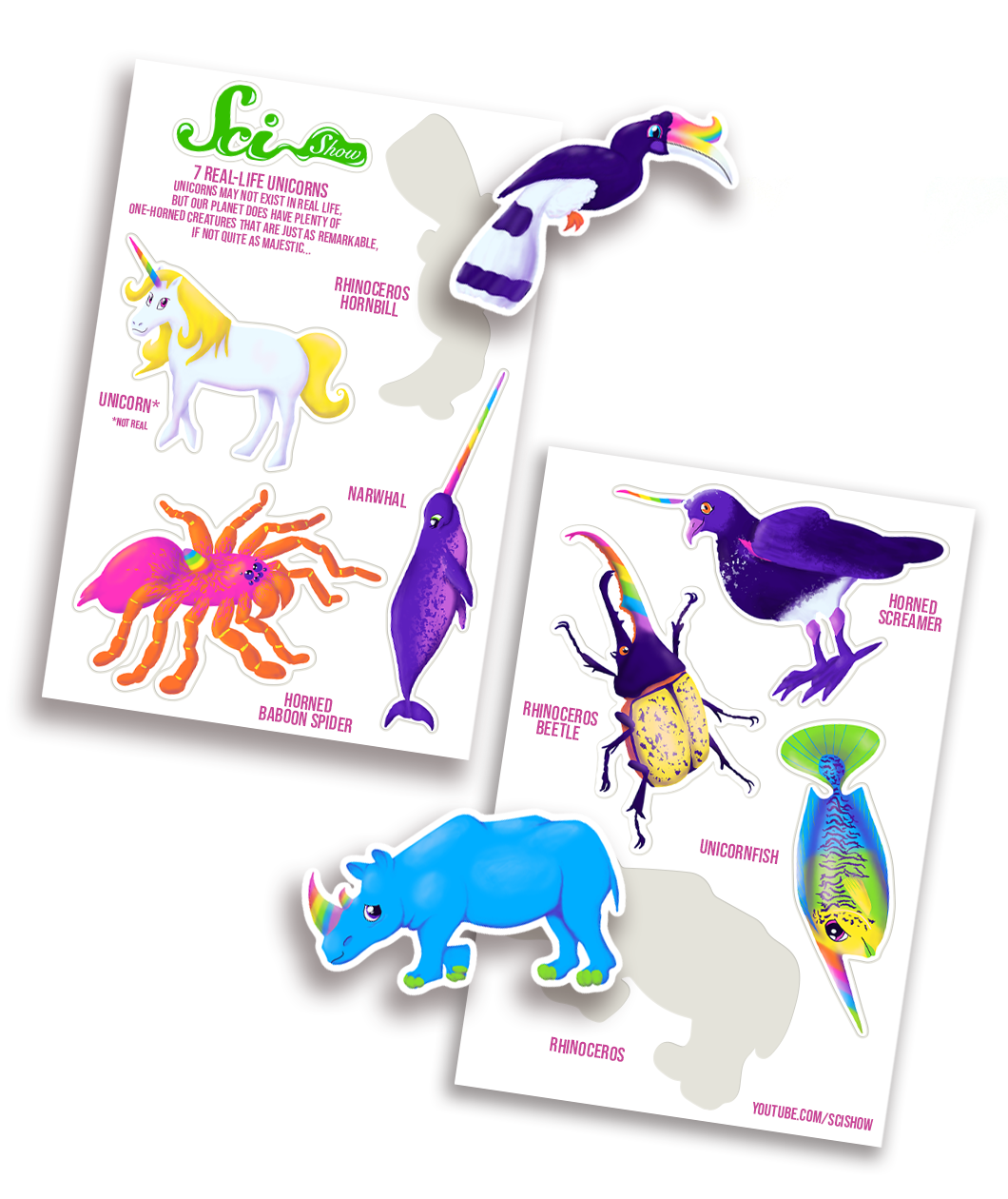 Seven different stickers across two sticker sheets of animals with horns in different vibrant colors. Each horn is colored as a rainbow - from SciShow