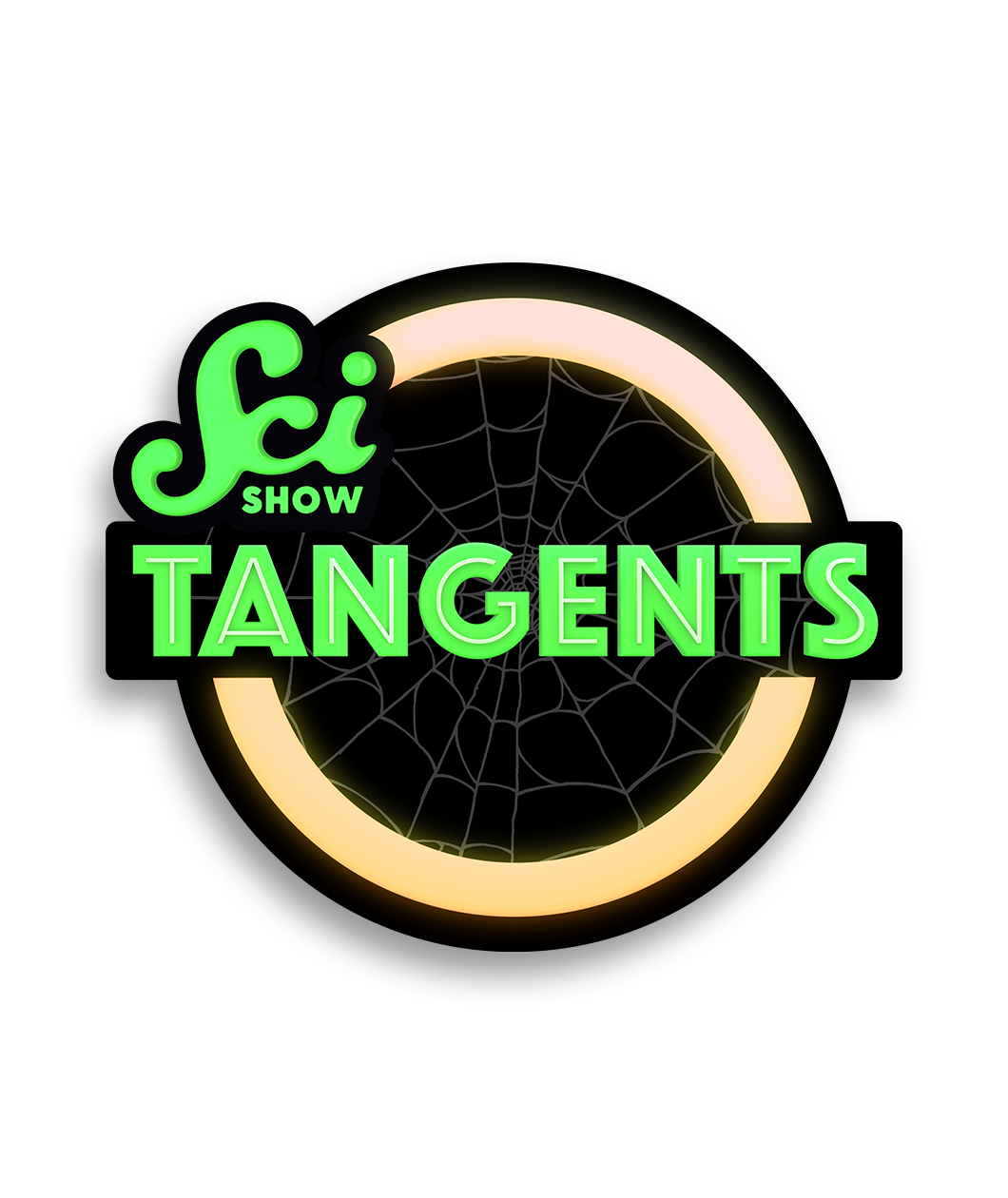 A sticker of the Scishow Tangents logo with bright green font and a spiderweb in the center circle. 