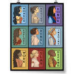 The She Series poster from Karen Hallion depicts a grid of nine profiles of powerful main characters from stories, each with a word written next to them.