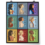The She Series poster from Karen Hallion depicts a grid of nine profiles of powerful main characters from stories, each with a word written next to them.
