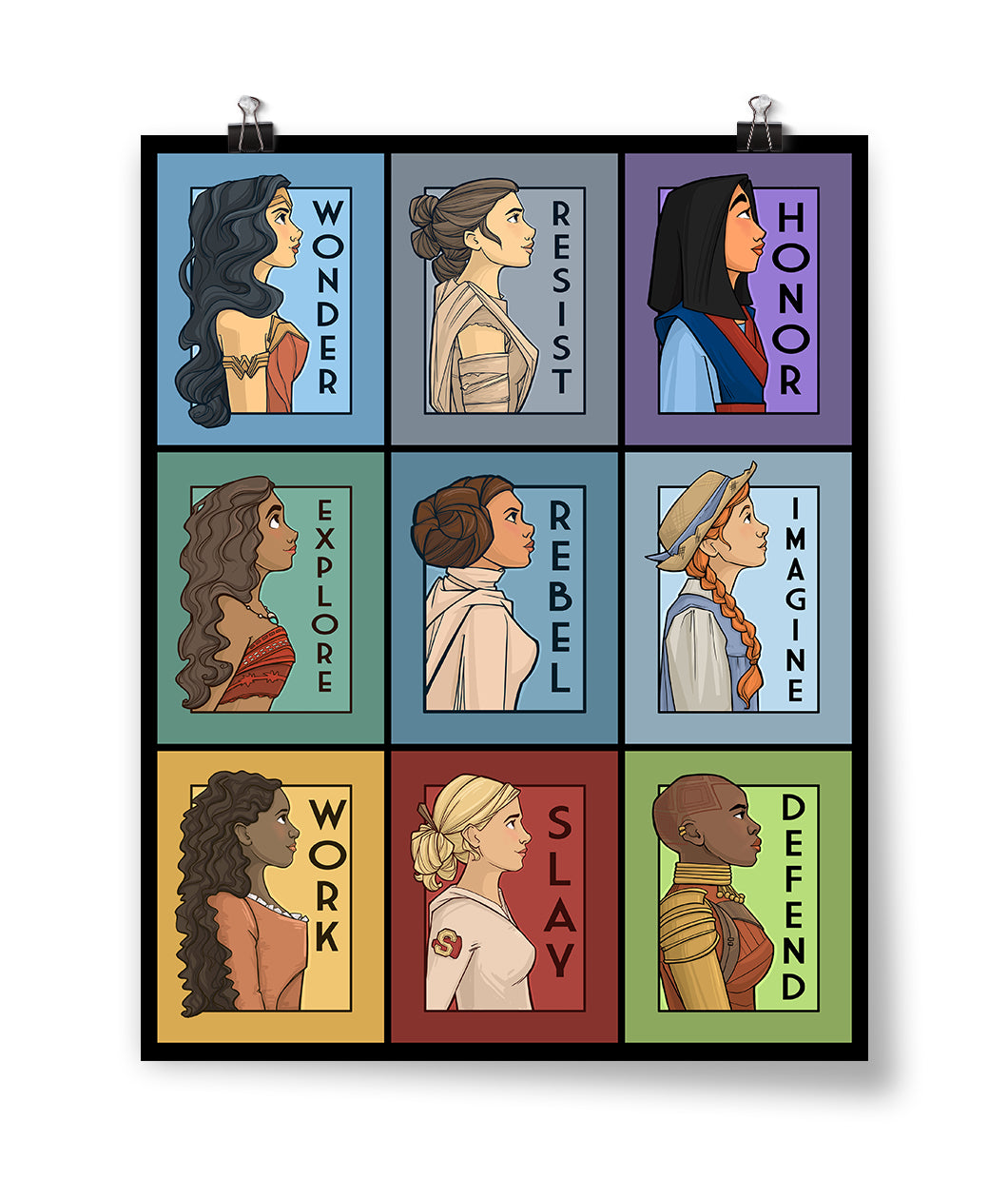 The She Series poster from Karen Hallion depicts a grid of nine profiles of powerful main characters from stories, each with a word written next to them.