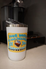 A rectangular yellow sticker with curved edges on a white cup. “Your worth is not measured by your productivity” is in blue organic font with white highlights. A vector drawn coffee pot is between “by” and “your” and is filling up the word” productivity” with coffee - from Sierra Schultzzie