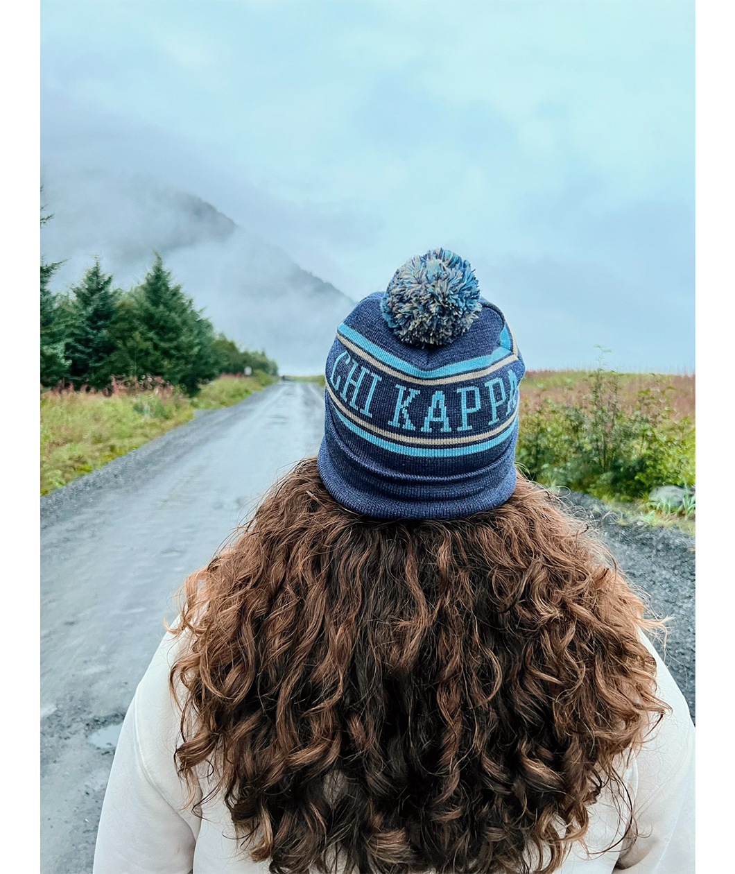 A person with their back to the camera with flowing brown hair wearing a blue knit beanie that reads 