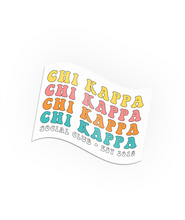 A sticker that is shaped like a flag with a white background with the words "Chi Kappa" repeated four times with "Social Club; Est. 2018" below it. From Sierra Schultzzie.