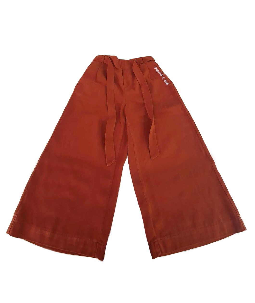 Copper colored pants with a copper colored belt untied and strung along the legs. “Confident & Kind” is in white curisve font along the lefthand pocket - from Sierra Schultzzie