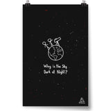 Black poster with shite and red dots and galaxies in the background. In the middle of the poster, two white stick figures stand on top of a white outline drawing of Earth looking through a white outline of a telescope. “Why is the Sky Dark at Night?” is below in white sans serif font - from Minute Physics