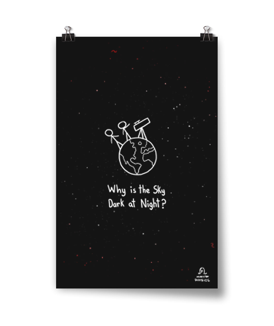 Black poster with shite and red dots and galaxies in the background. In the middle of the poster, two white stick figures stand on top of a white outline drawing of Earth looking through a white outline of a telescope. “Why is the Sky Dark at Night?” is below in white sans serif font - from Minute Physics