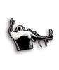 A black and white enamel pin showing the back of a person with headphones on and holding something in their right hand with their left hand raised to the sky. From Snap Judgement. 