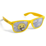 A pair of yellow sunglasses with a dotted pattern on the lenses showing a snitch flying in the coulds.