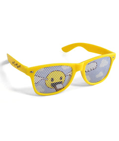 A pair of yellow sunglasses with a dotted pattern on the lenses showing a snitch flying in the coulds.