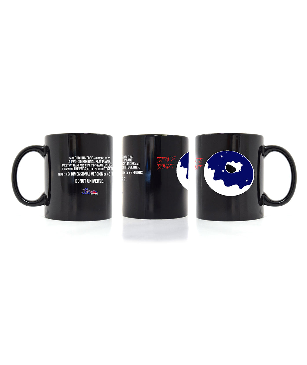 Black mug with information on “donut universe” on back. On front is a white donut with a blue frosting and three white stars. “Space Donut” is in red handwirtten font at top left near donut - from SciShow