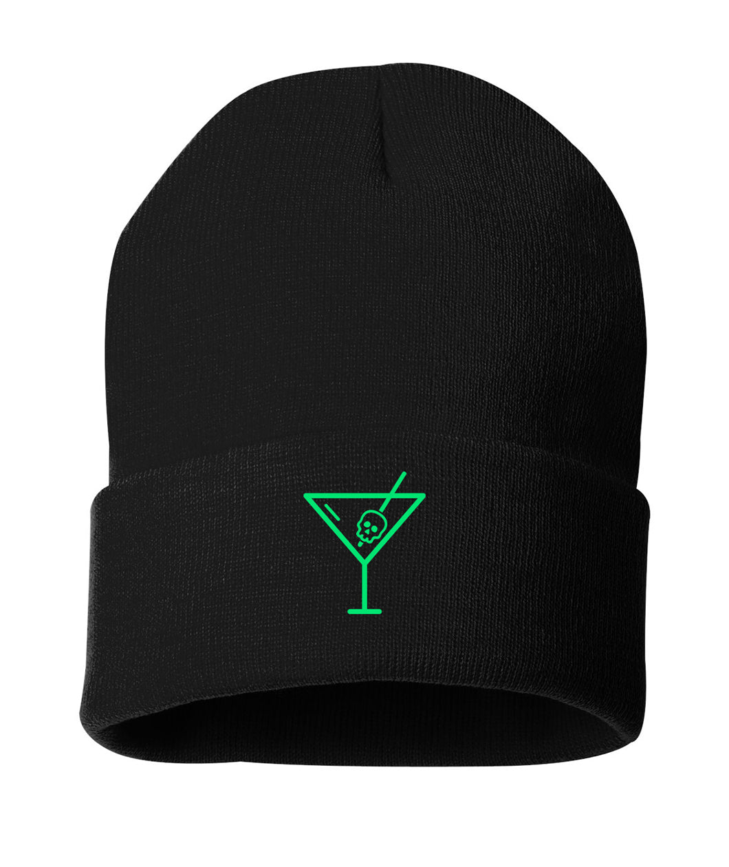A black beanie with a green outline vector drawing of a marntini glass. A green skull with a green toothpick going through it is inside the glass - from Spirits