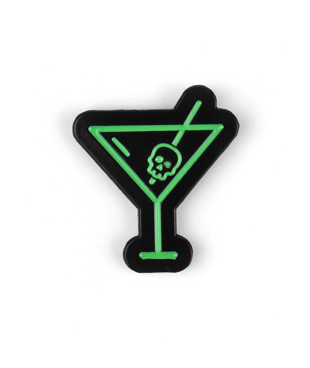 A green martini glass with a thinck black outline and black fill. A green straw pierces a green outline of a skull and rises out of the top right of the glass - from Spirits