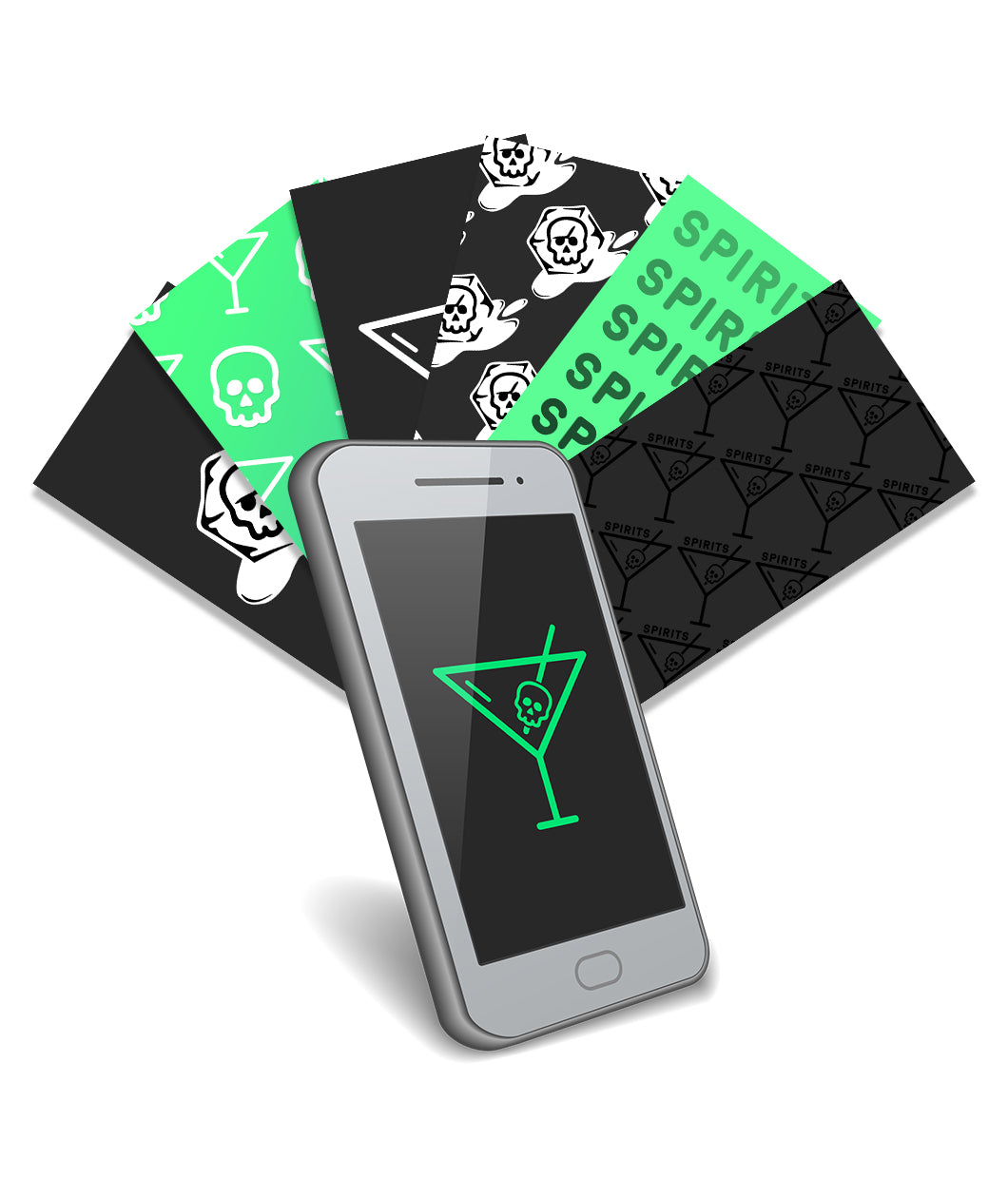 Seven different Spirits logo wallpaper, five of which are black, two are green. A rendering of a phone is in the middle with one of the designs on it - from Spirits