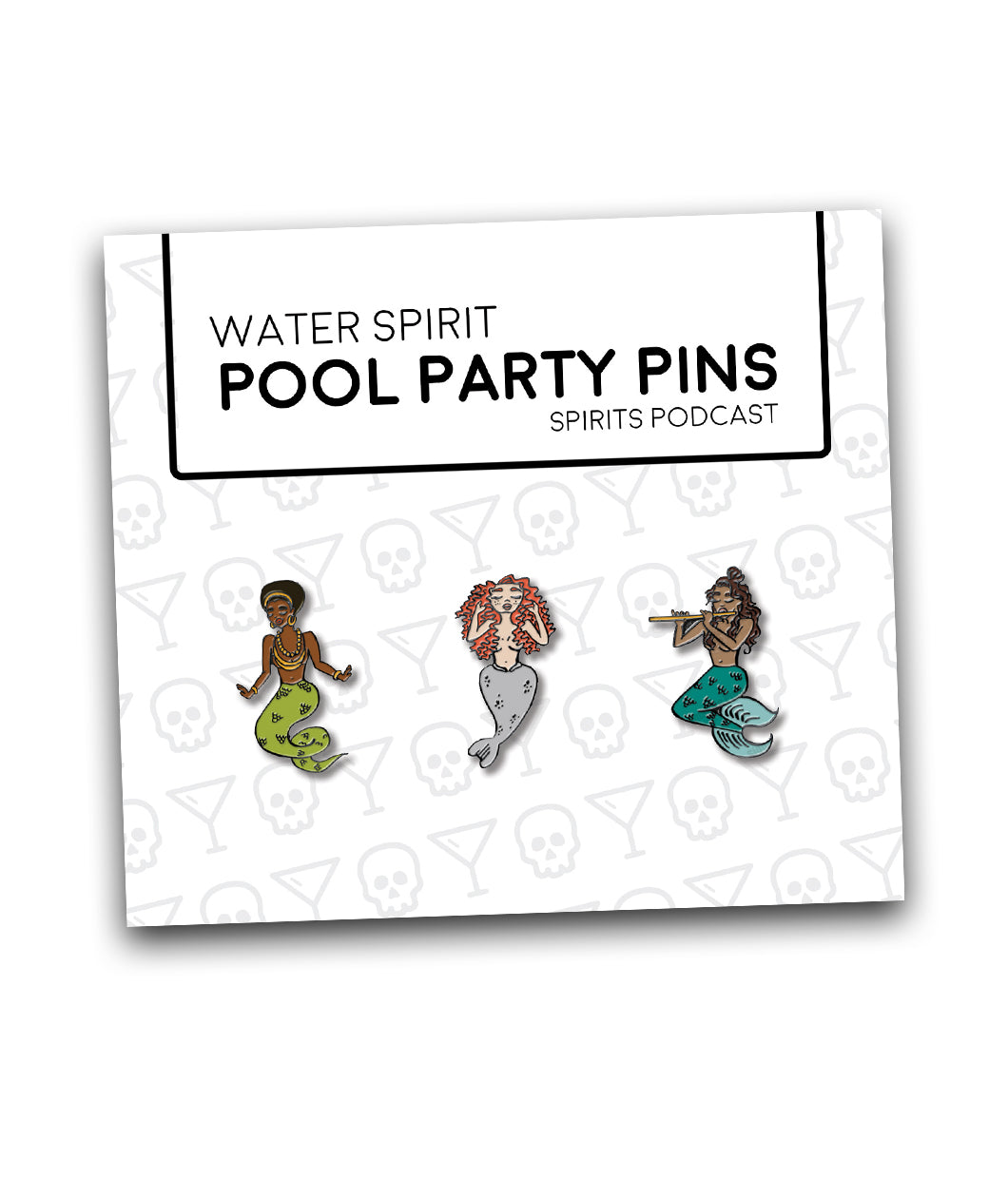 Three different mermaid pins on a card. The far left is a dark skinned woman with dark hair and gold jewelry with a green tail. Middle is a lightskinned woman with red hair and a gray tail. Third is a dark skinned woman with dark hair playing the flute with a blue tail - from Spirits