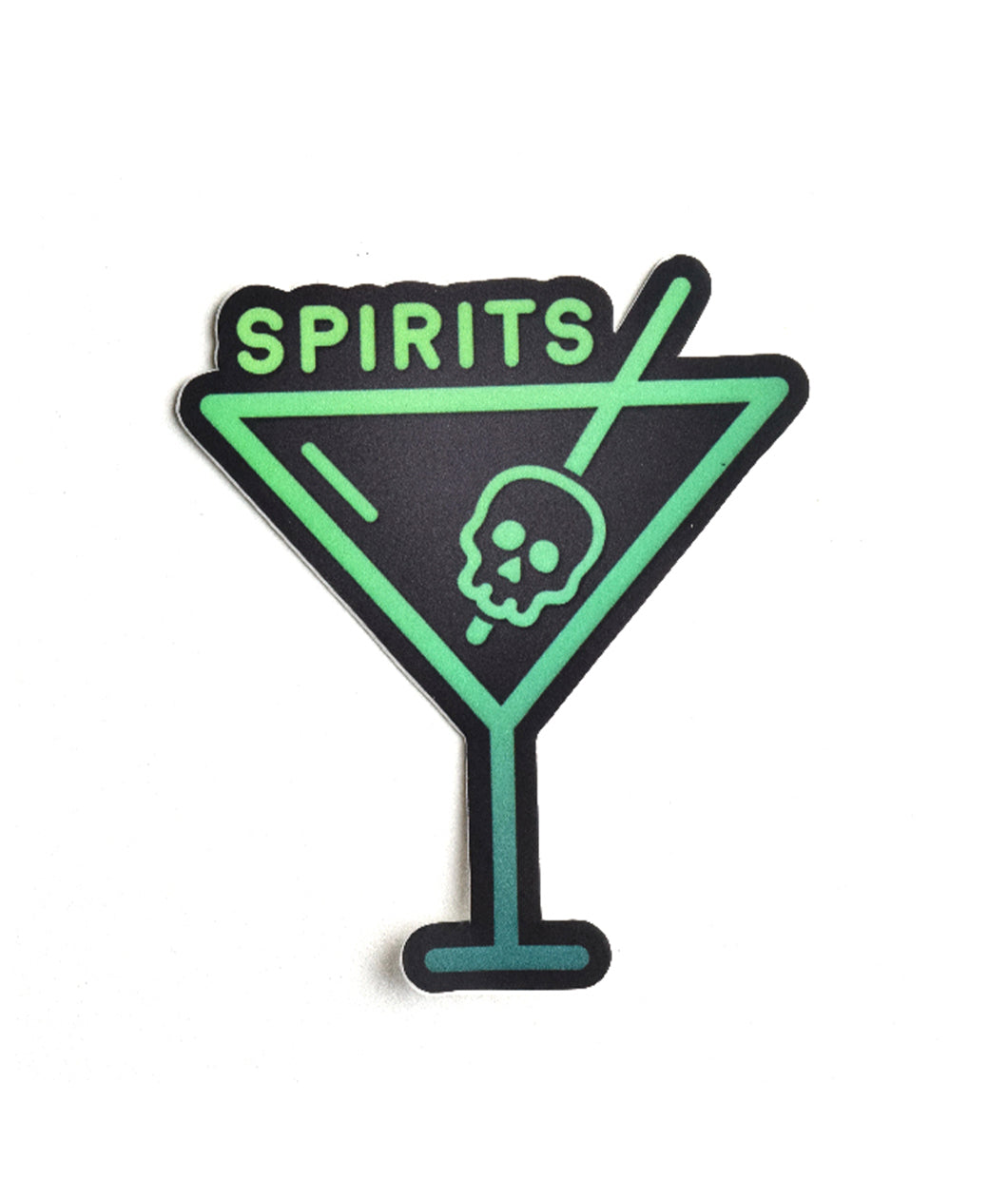 A green martini glass with a black outline and black fill. A green straw pierces a green outline of a skull. “Spirits” is on the top of the glass in green sans serif font - from Spirits