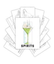 Cover of coloring book with a green martini glass and a skull resting inside with blue flames coming out of the eye sockets. “Spirits” is underneath in black sans serif font. Behind cover are eleven different sketches to color - from Spirits