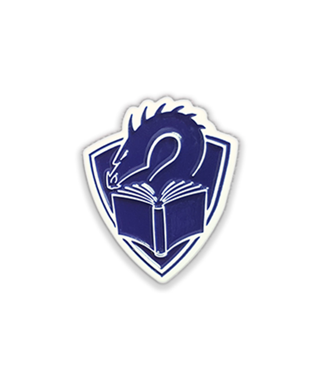 An enamel pin of a dragon's head peering at the pages of an open book, with a crest shape behind them. The crest, dragon, and book are blue, and they are all outlined in white.