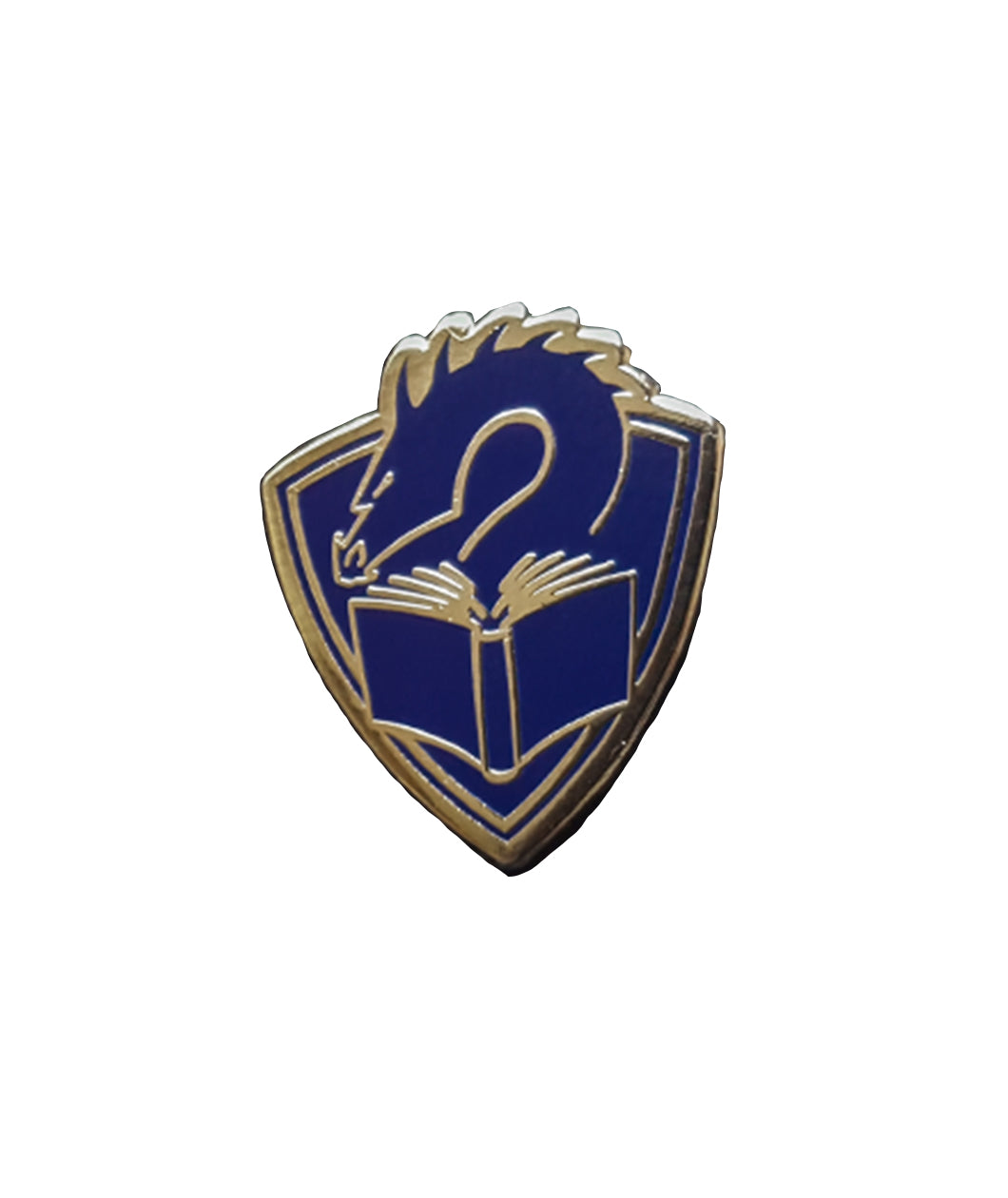 An enamel pin of a dragon's head peering at the pages of an open book, with a crest shape behind them. The crest, dragon, and book are blue, and they are all outlined in gold.