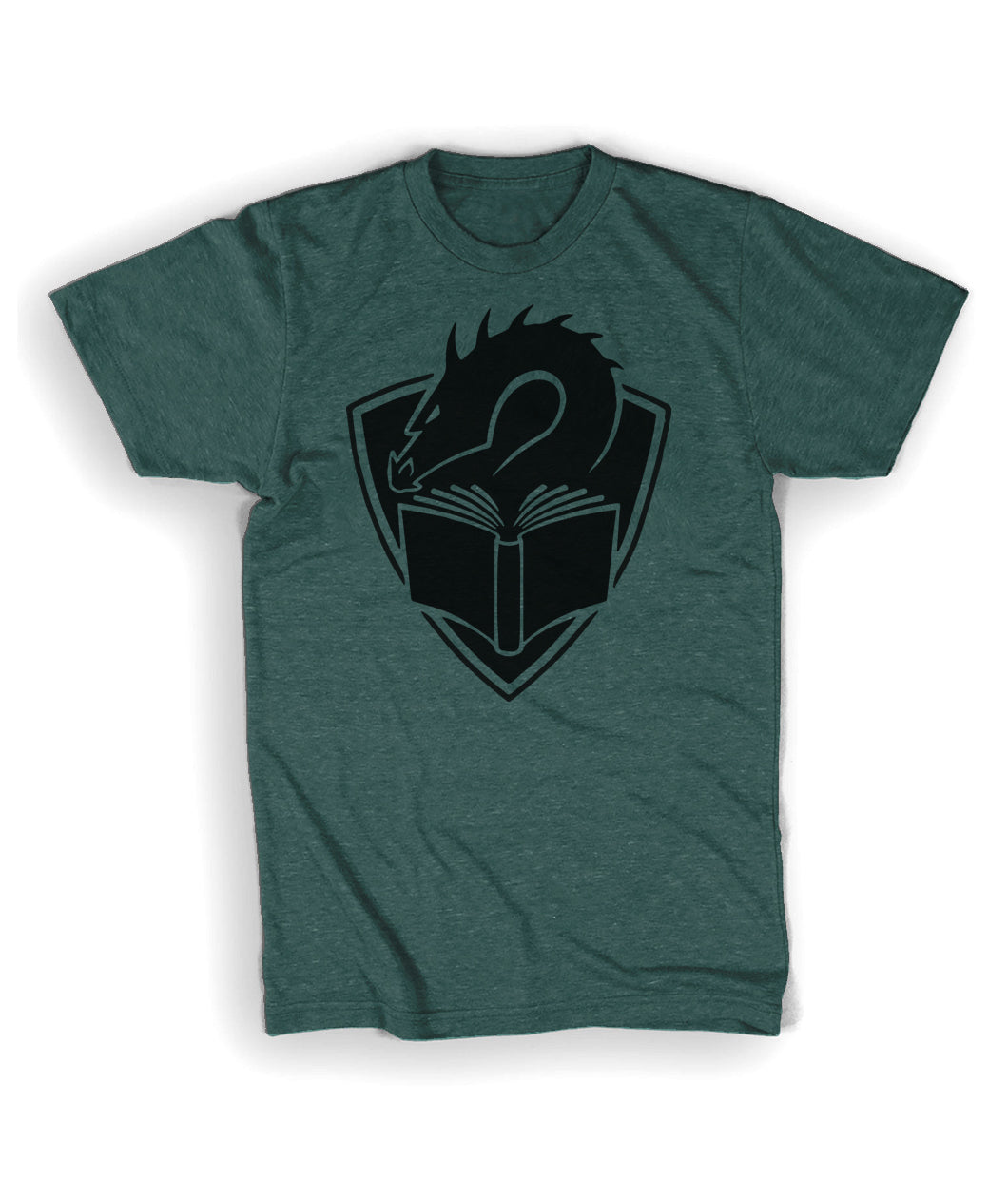 A tealish green colored t-shirt with a centered large black illustration of a dragon's head peering at the pages of an open book, with a crest shape in the background. 