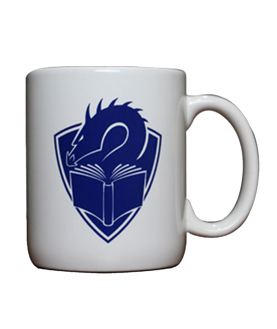 A white coffee mug with a dark blue illustration of a dragon's head peering at the pages of an open book, with a crest shape in the background. 
