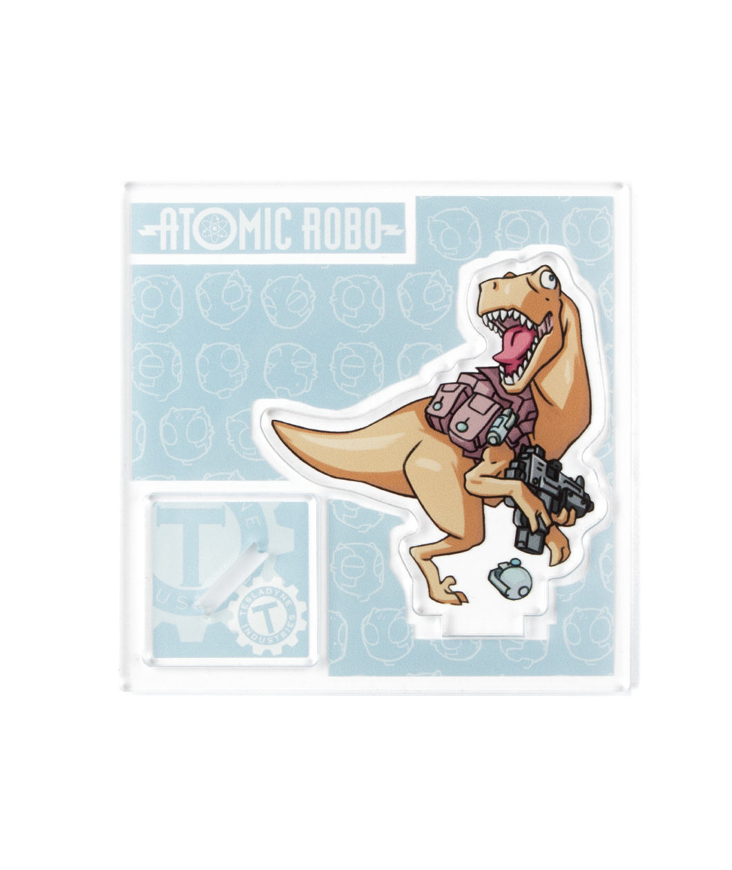 Dr. Dinosaur in standee form on a blue backing that says Atomic Robo. 