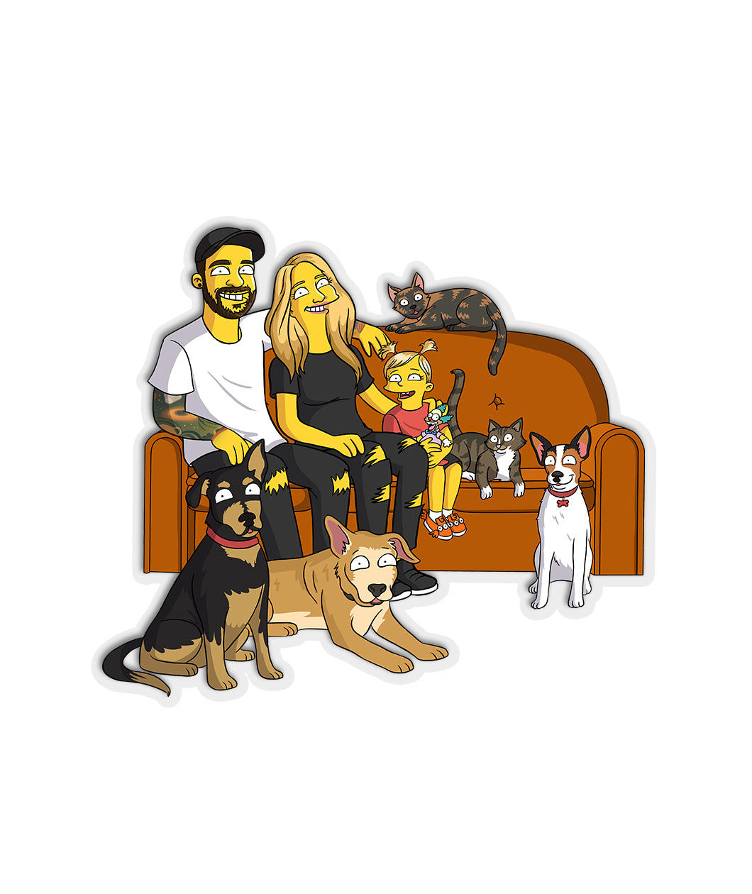 Sticker featuring two adults, 1 child, 3 dogs, and 2 cats sitting on and around a brown couch drawn in the style of The Simpsons - by Charles Trippy
