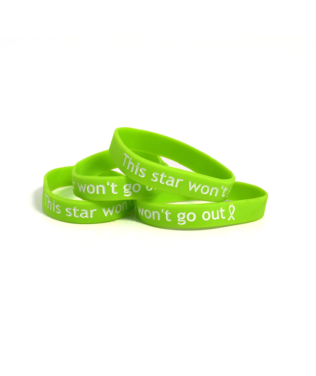 Four lime green bracelets that say “This star won’t go out” in white sans serif font followed by a ribbon - from This Star Won’t Go Out