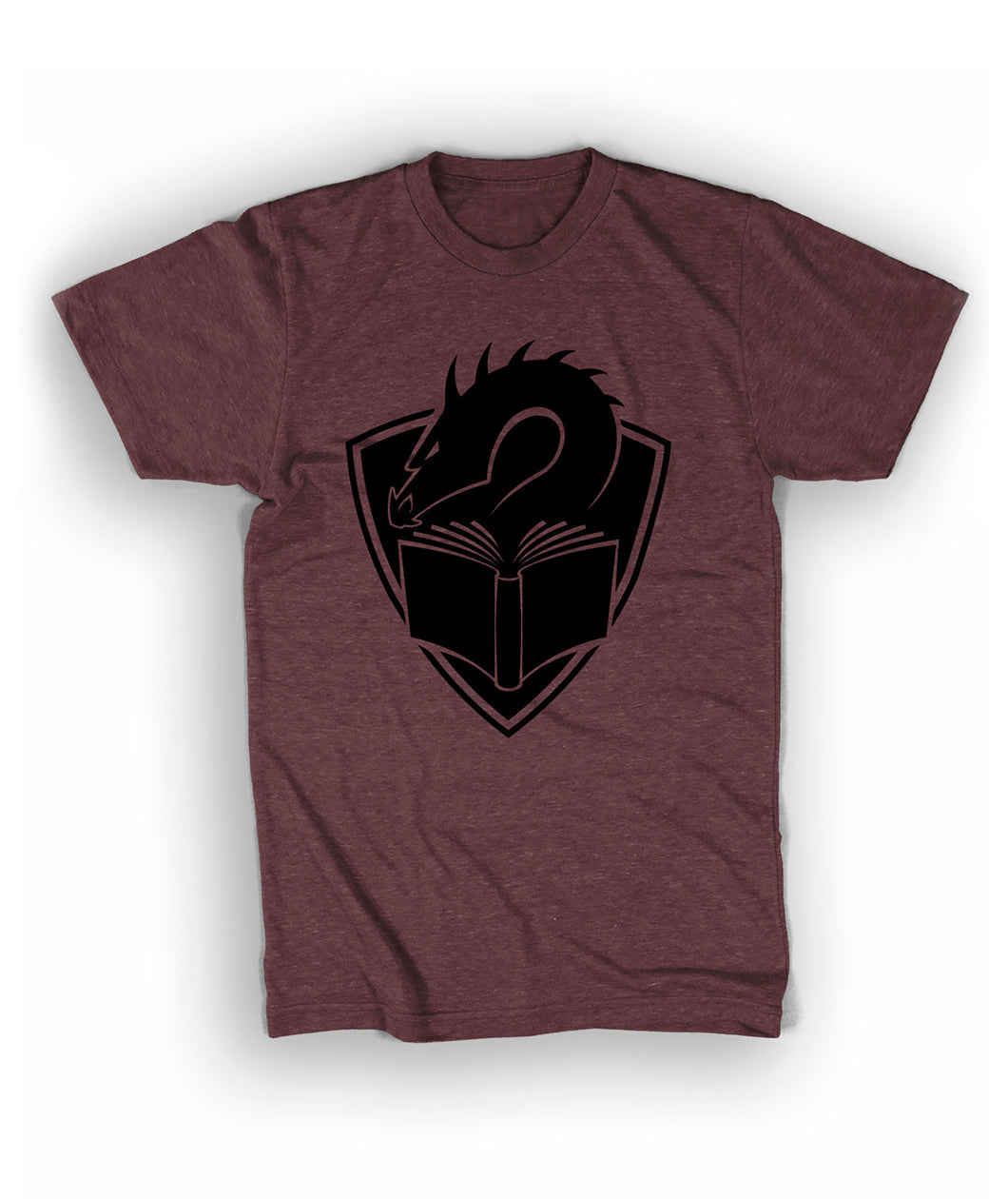 A heather maroon t-shirt with a centered large black illustration of a dragon's head peering at the pages of an open book, with a crest shape in the background. 