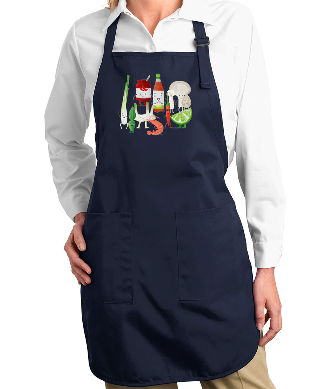 A navy apron on a person with different Thai ingredients personified. From Hot Thai Kitchen. 