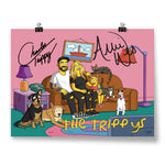 A signed poster of 2 adults, 1 child, 3 dogs, and 2 cats sitting in a living room drawn in the style of The Simpsons - by Charles Trippy