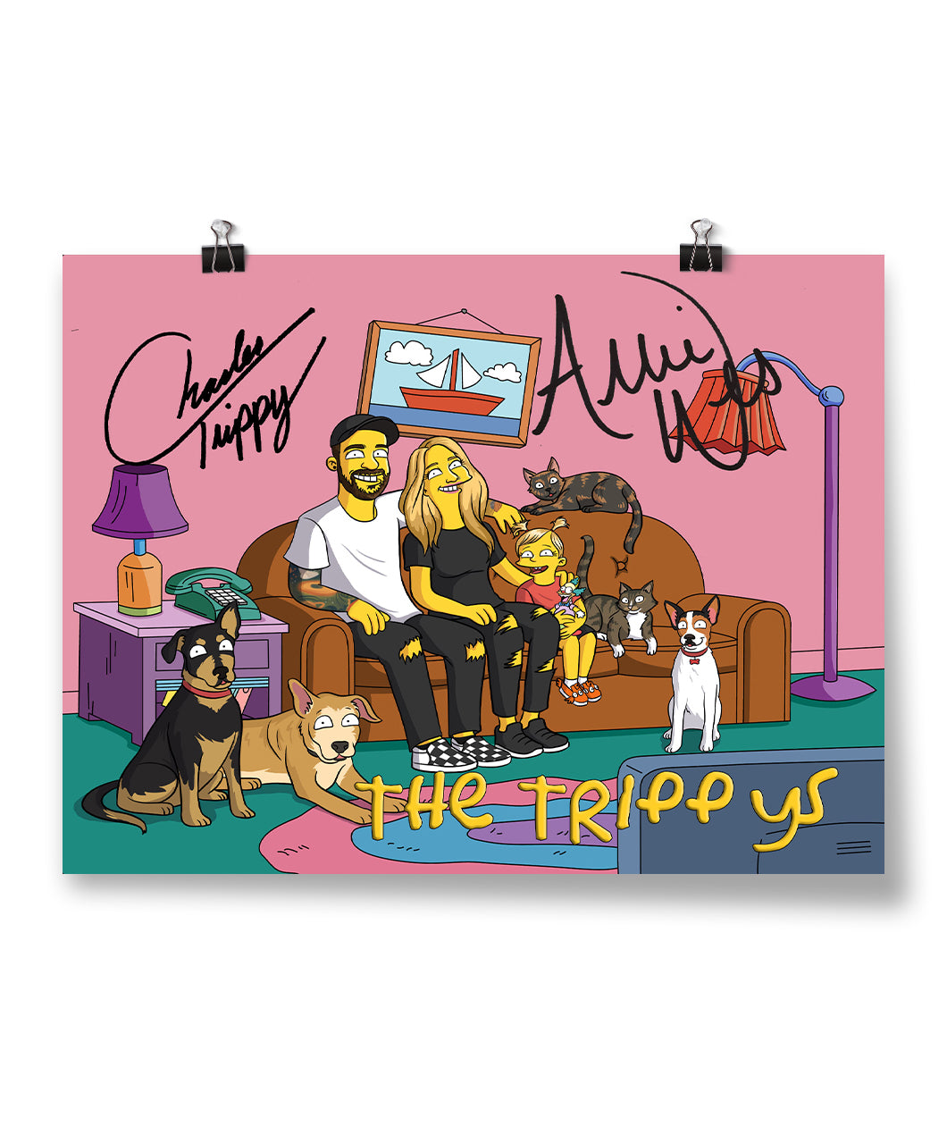 A signed poster of 2 adults, 1 child, 3 dogs, and 2 cats sitting in a living room drawn in the style of The Simpsons - by Charles Trippy