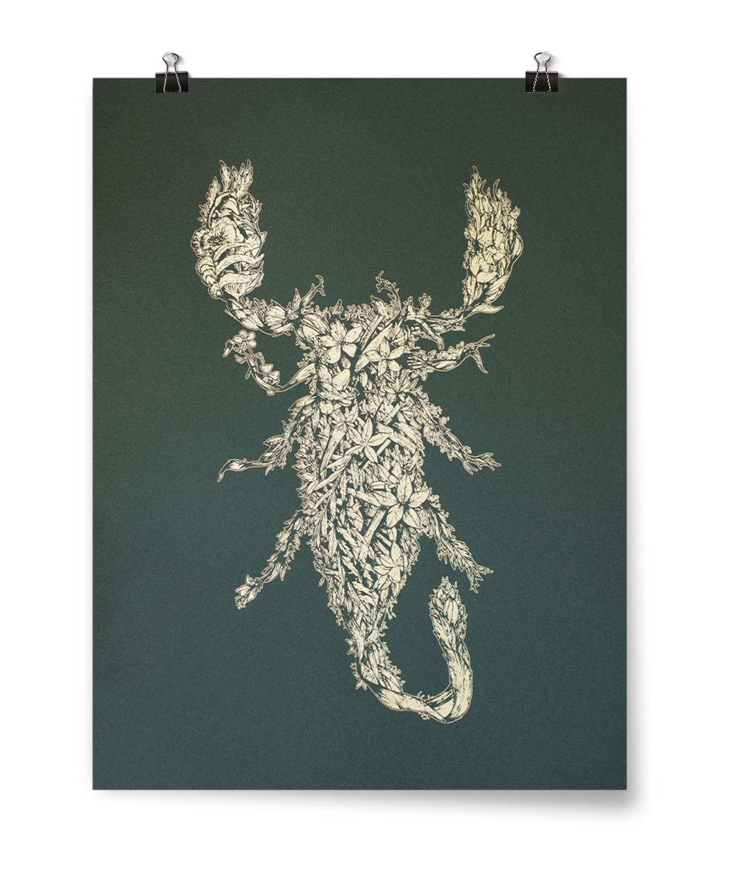 A greek poster with a floral composed scorpion in metallic gold ink - from Tyler Thrasher