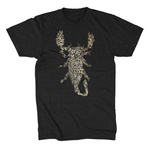 A dark gray shirt with white line drawn flowers arranged to make a scorpion in the center of the shirt - from Tyler Thrasher