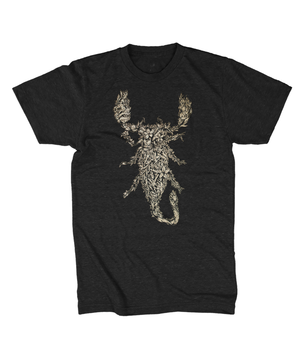A dark gray shirt with white line drawn flowers arranged to make a scorpion in the center of the shirt - from Tyler Thrasher