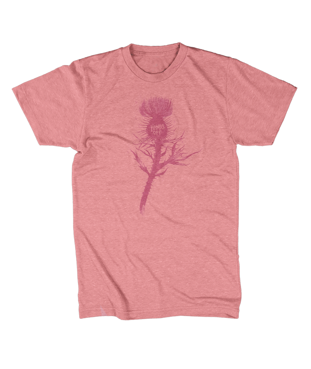 Red shirt with a dark red silhouette of a thistle weed in the center of the shirt. “Hands off” is written on the top of the thistle weed in red sans serif font - from Tyler Thrasher