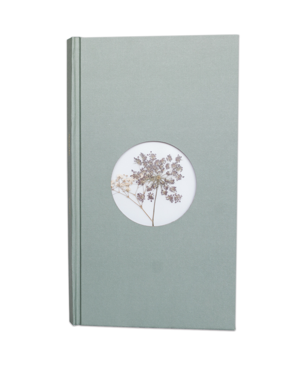 A tall, pale green book with a round center peekaboo cutout that holds pressed flowers, by Tyler Thrasher.