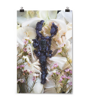 Vetical print of a scorpion with black crystals covering the entire scorpion. The scorpion is laying on a bed of white flowers with smaller pink flowers on their stem surrounding the scorpion - from Tyler Thrasher