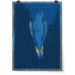 Vetical print of a monochrome blue bird in a monochrome blue environment. There are orange highlights on the bird and two orange borders surrounding the scene - from Tyler Thrasher