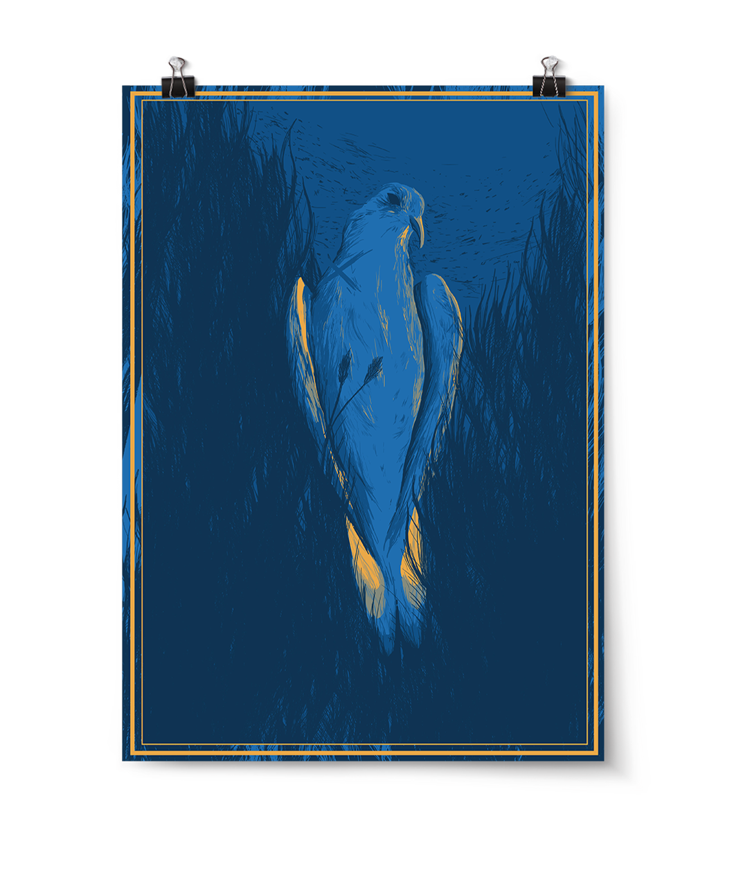 Vetical print of a monochrome blue bird in a monochrome blue environment. There are orange highlights on the bird and two orange borders surrounding the scene - from Tyler Thrasher