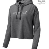 A dark gray crop top hoodie with “unfiltered” in white cursive font across the chest - from Sierra Schultzzie