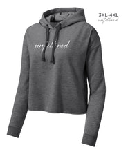 A dark gray crop top hoodie with “unfiltered” in white cursive font across the chest - from Sierra Schultzzie