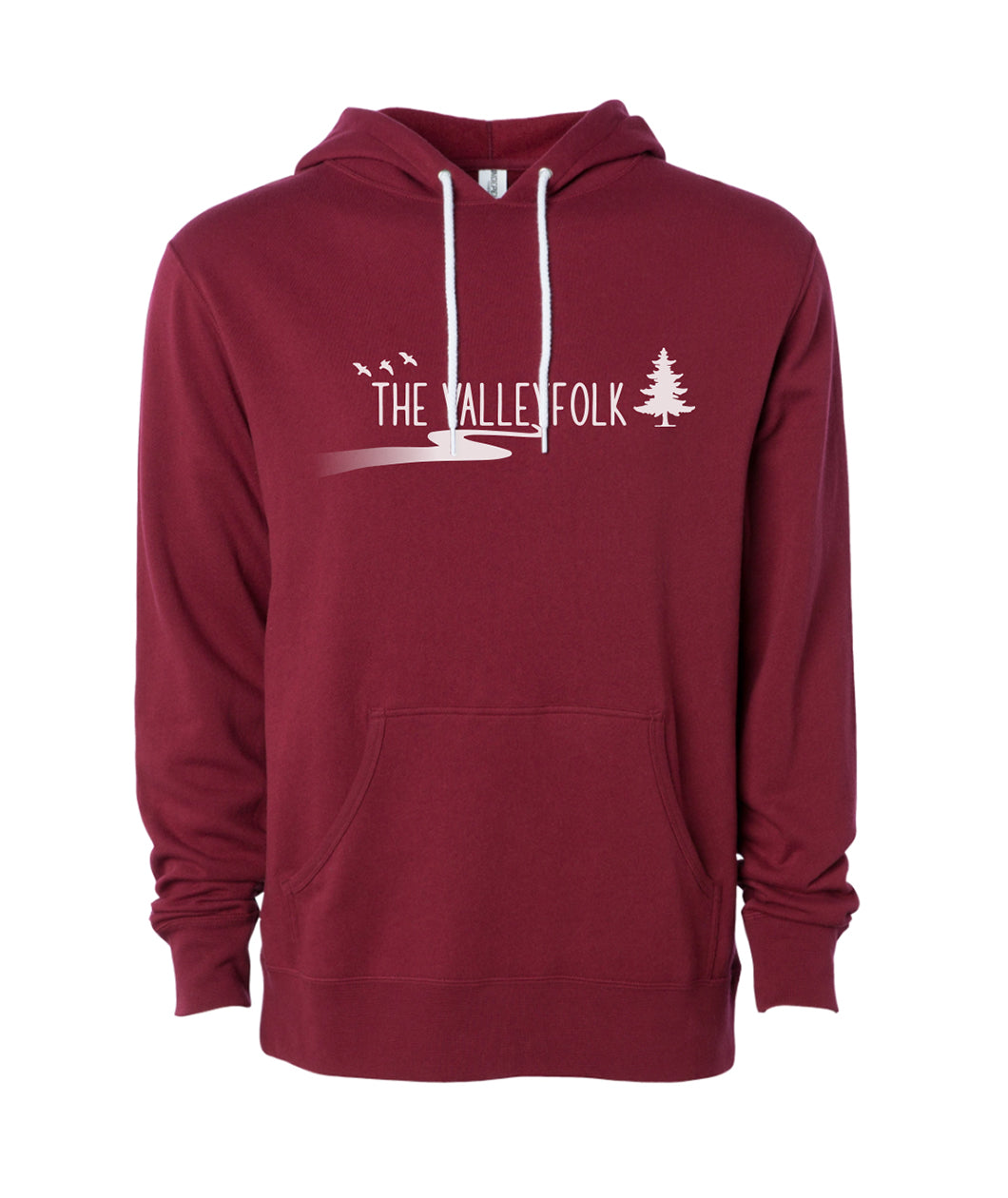 A red hoodie with white drawstrings and in the center, “The Valleyfolk” is written in white sans serif font with three white silhouetted birds to the top left, a white silhouetted tree at the right, and a white gradient sillhouetted river below - from the Valleyfolk