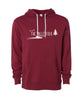 A red hoodie with white drawstrings and in the center, “The Valleyfolk” is written in white sans serif font with three white silhouetted birds to the top left, a white silhouetted tree at the right, and a white gradient sillhouetted river below - from the Valleyfolk