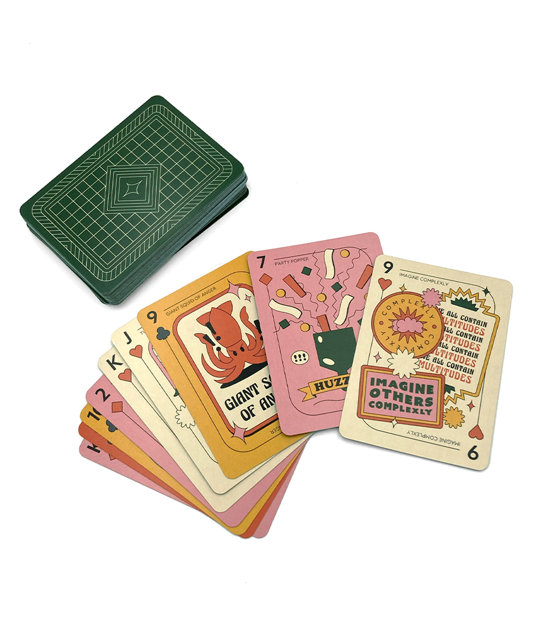 A set of Nerdfighter playing cards. There is a face down stack with a dark green pattern on the card. There is a also a fan of cards laid out in a warm pastel color scheme with different illustrations on them.