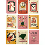 A grid of nine face up Nerdfighter playing cards. They are a warm pastel color scheme with different illustrations on each card.