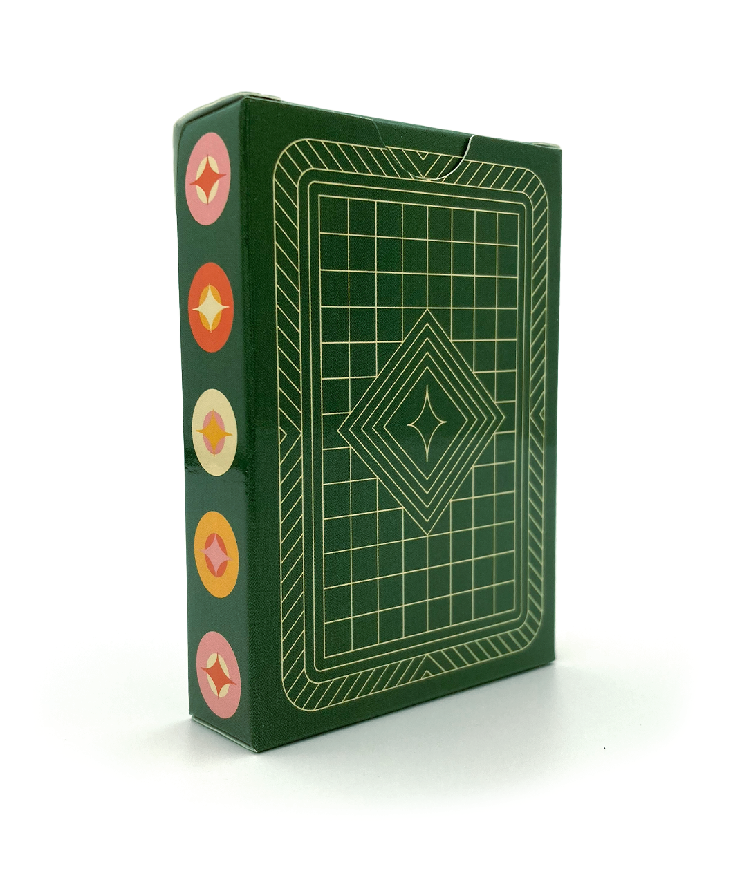 The box for the Nerdfighter playing cards - dark green with a line pattern.
