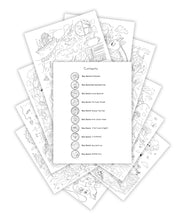 A pile of black and white coloring book pages, with the contents of each peeking out. A table of contents page sits on top of the pile.