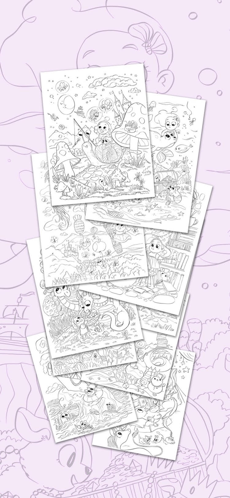 Another view of the ten coloring pages, piled on top of each other. The line drawings show various whimsical scenes.