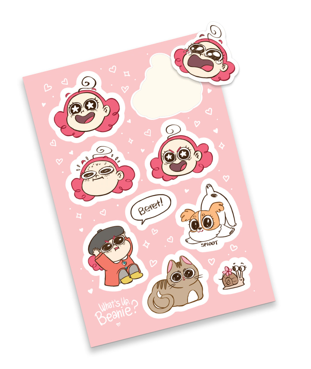 A rectangular pink sticker sheet that contains 9 stickers. 4 of the stickers are the head of a grl with pink hair in various expressions, and the other are a cat, a dog, a snail, the same girl crouched with a beanie, and a word balloon that says 